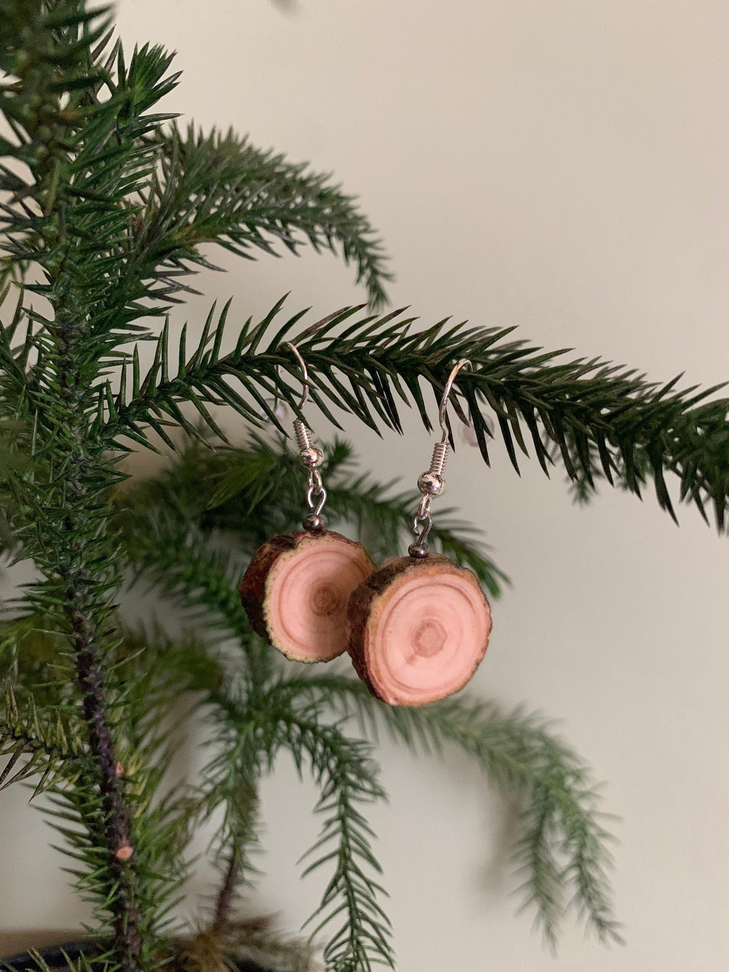 mini tree log earrings on pine tree