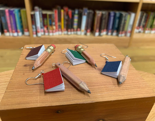 4 pairs of book and pencil earrings