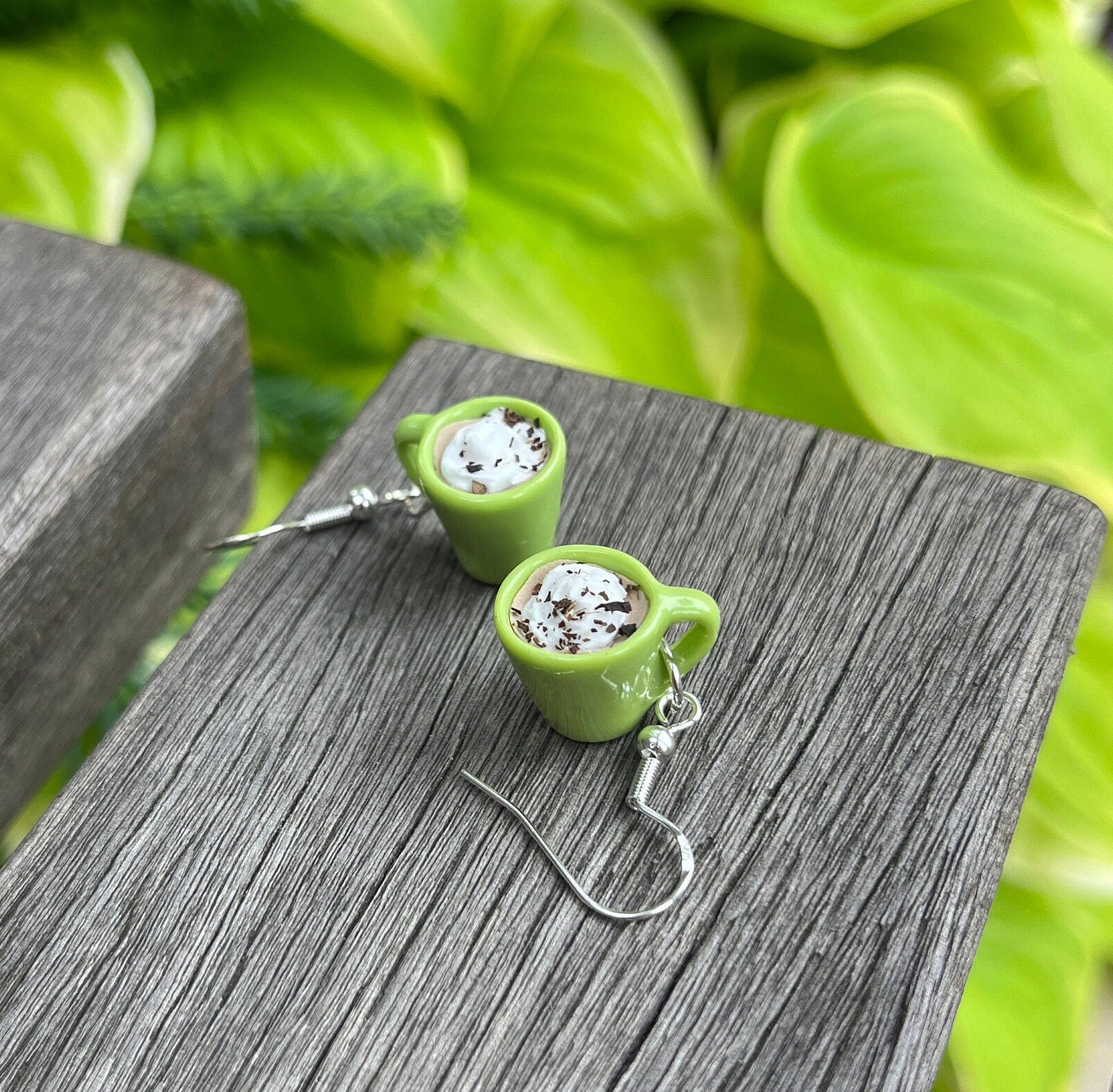 mini chai latte earrings in green mugs